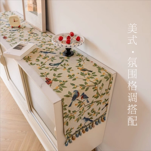 桌旗轻奢高端茶桌氛围布置长条餐桌台布高级感斗柜电视柜盖布 美式