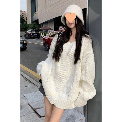 韩版爆款慵懒风秋冬暖呼呼慵懒风纯色V领长袖针织毛衣开衫外套