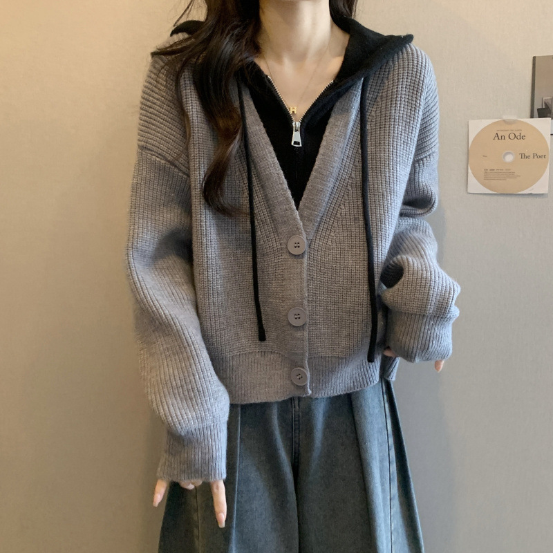 连帽长袖洋气毛衣女2025秋冬女装遮肚子显瘦假两件拼接针织上衣服