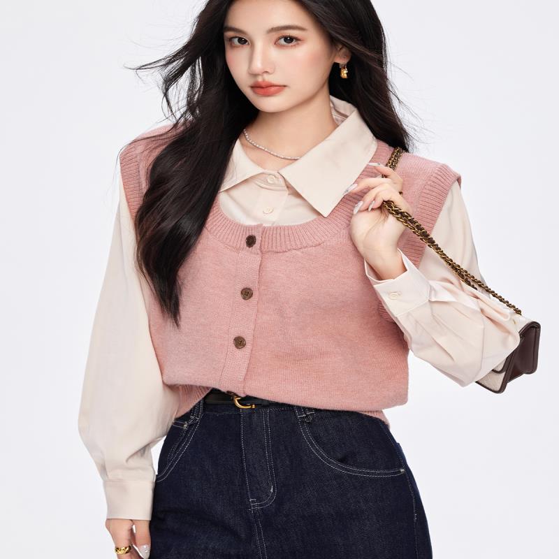 实拍◆有现货◆大码假两件针织衫女衬衫胖mm上衣2025秋冬显瘦毛衣