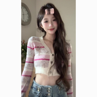 韩系粉色条纹领针织衫毛衣女秋冬新款独特短款修身长袖外套上衣