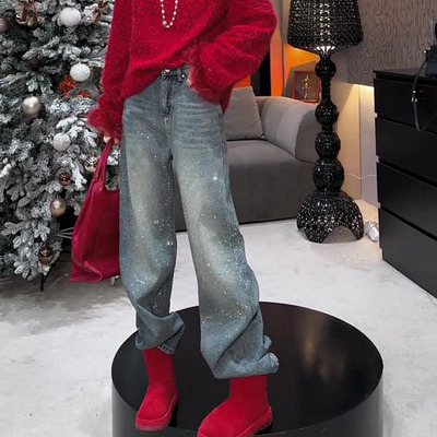 美式加绒加厚2025冬新款梨形身材高腰直筒满天星烫钻阔腿牛仔裤女