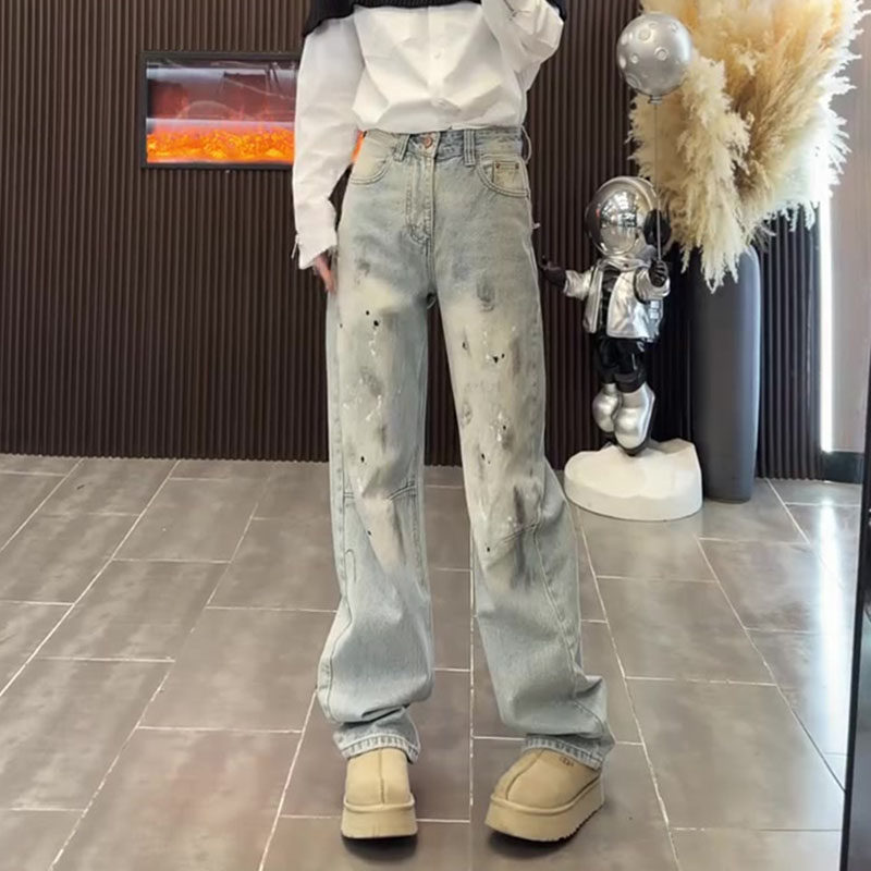 小众设计感2026春新款梨形身材高腰宽松直筒涂鸦洗水阔腿牛仔裤女,女装/女士精品,牛仔裤,淘宝优惠券,粉丝福利购,淘宝优惠卷