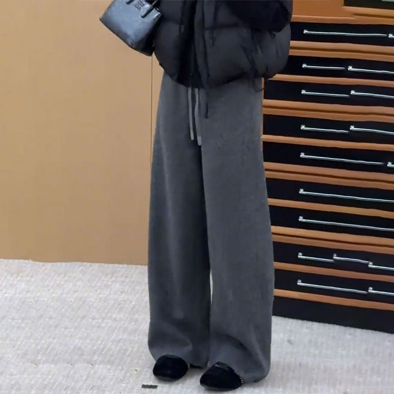 加绒加厚欧货2025冬季新款梨形身材高腰宽松阔腿毛呢弯刀休闲裤子