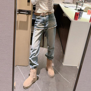假两件屁帘裙裤女2026春季新款梨形身材高腰窄版直筒洗水牛仔裤子