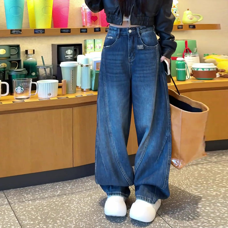 加绒加厚2025冬新款今年流行爆款高腰宽松直筒弯刀洗水阔腿牛仔裤