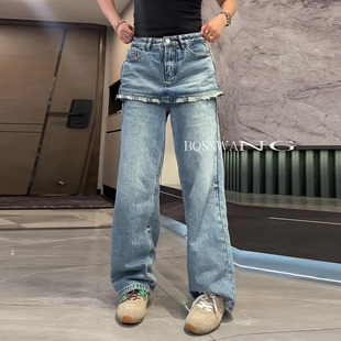 假两件磨边裙裤女2025春新款今年流行爆款高腰宽松直筒屁帘牛仔裤