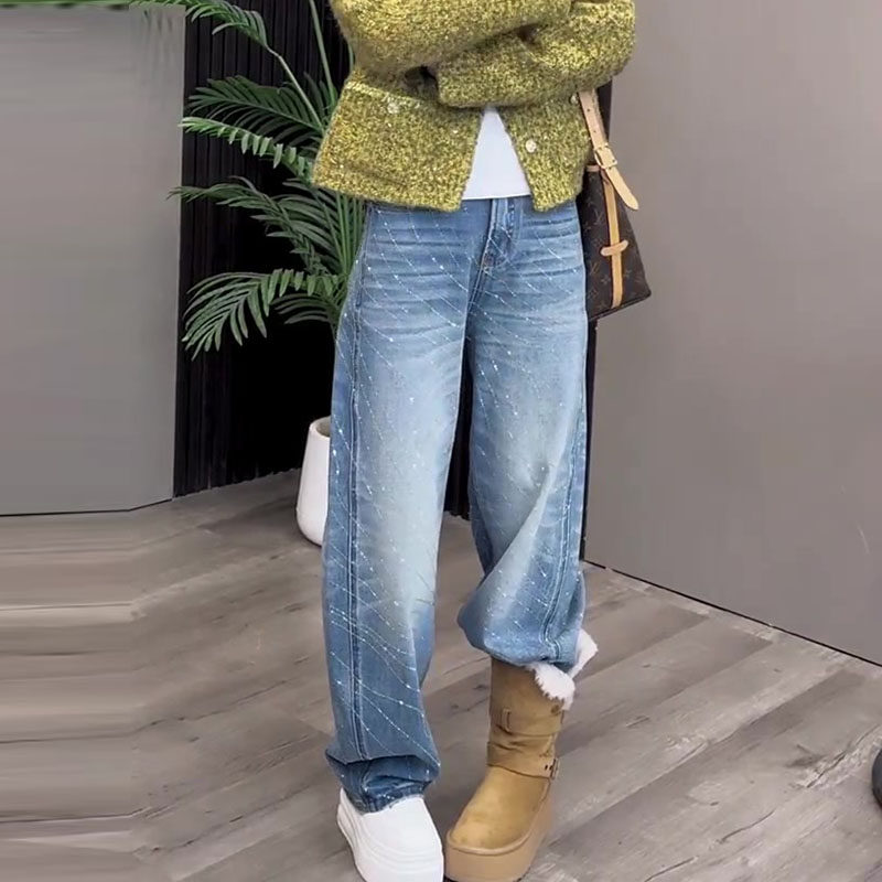美式高街2026春新款今年流行爆款高腰宽松洗水泼漆直筒阔腿牛仔裤,女装/女士精品,牛仔裤,淘宝优惠券,粉丝福利购,淘宝优惠卷