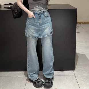 假两件裙裤女2025春新款今年流行爆款高腰宽松遮屁帘窄版牛仔裤子