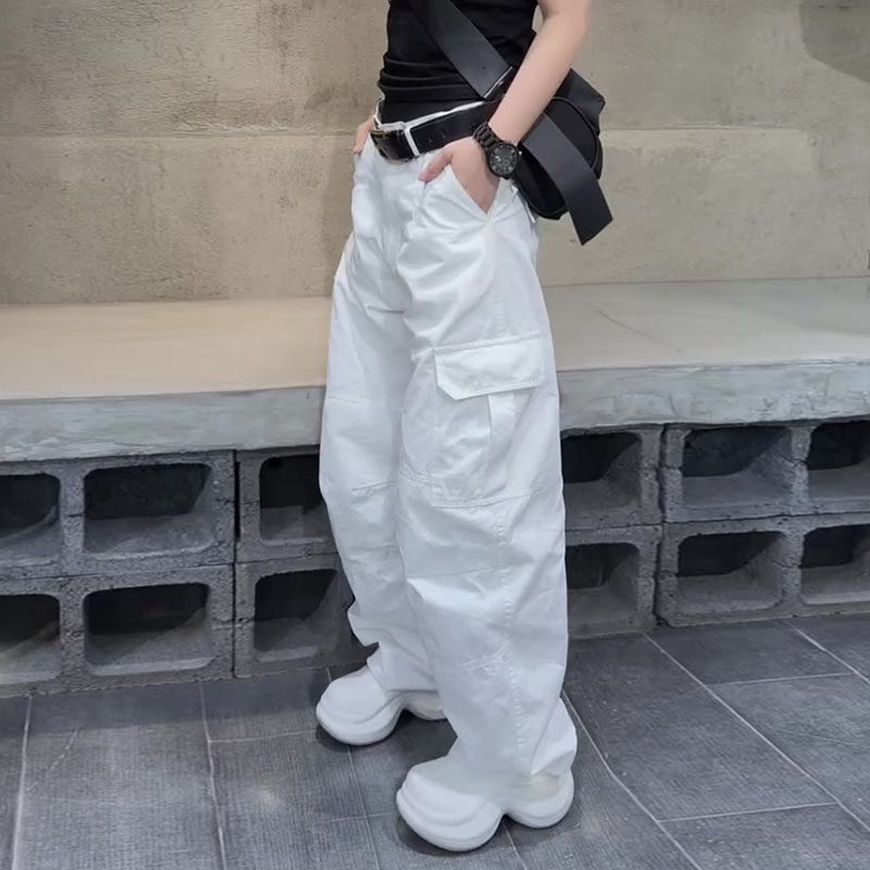 欧货2026春夏新款梨形身材后松紧腰宽松直筒压褶阔腿工装休闲裤女