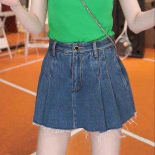 高腰显瘦毛边假两件百褶牛仔短裙裤 新款 流行爆款 欧货2025今年夏季