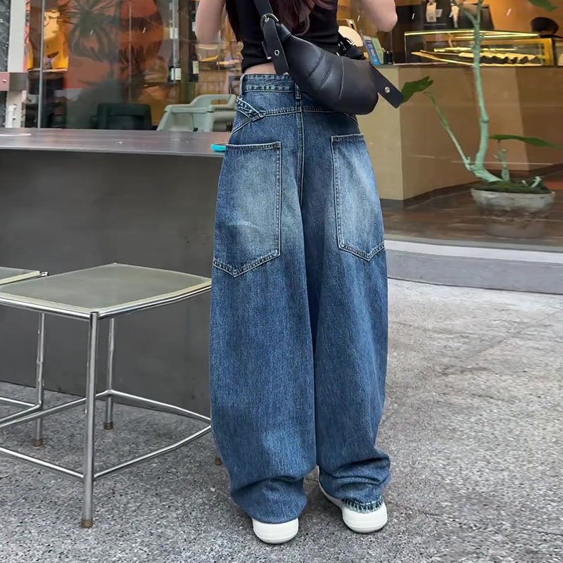 美式工装大口袋阔腿牛仔裤女2026秋季新款梨形身材高腰宽松弯刀裤图片