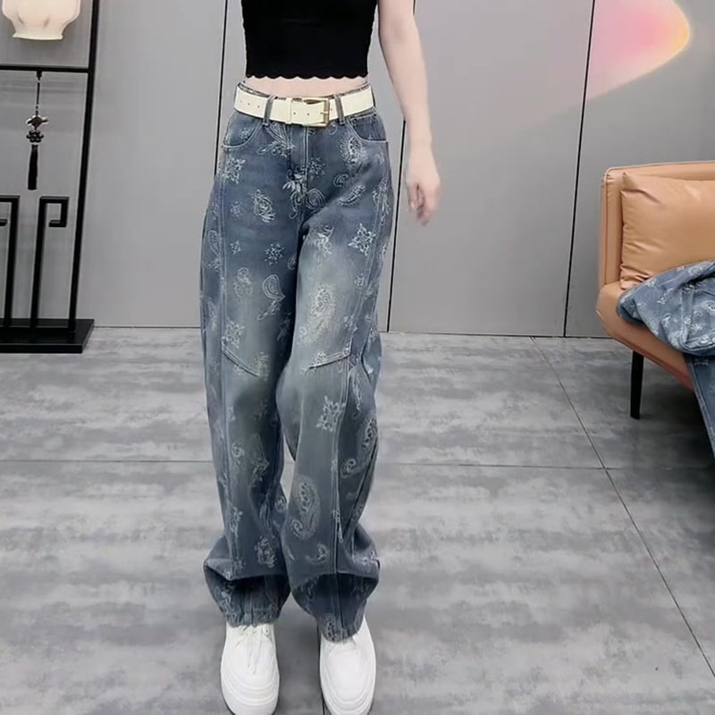 美式设计感2025冬新款梨形身材高腰宽松直筒满印弯刀阔腿牛仔裤女