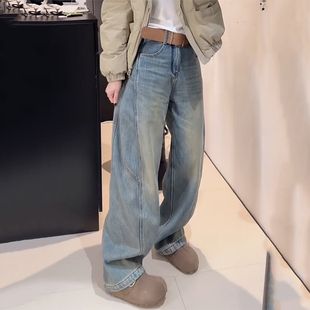 高腰宽松阔腿弯刀牛仔裤 今年流行爆款 子女 新款 加厚绒欧货2025冬季