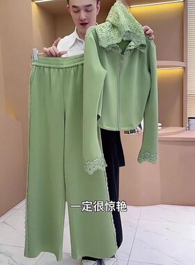 大码女装新型运动风直筒长裤一整套拉链开衫连帽绿色长袖两件套女