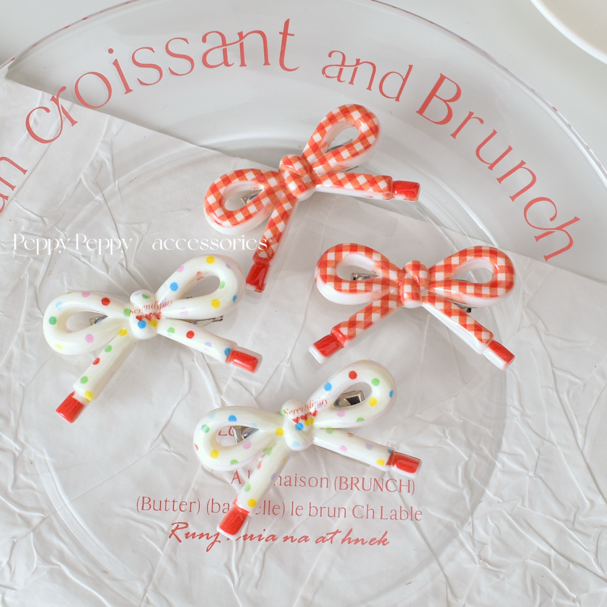 甜美少女蝴蝶结发夹格子侧边