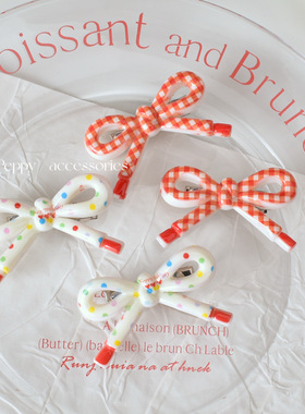 PeppyPeppy甜美少女蝴蝶结发夹格子侧边刘海夹可爱碎发鸭嘴夹子