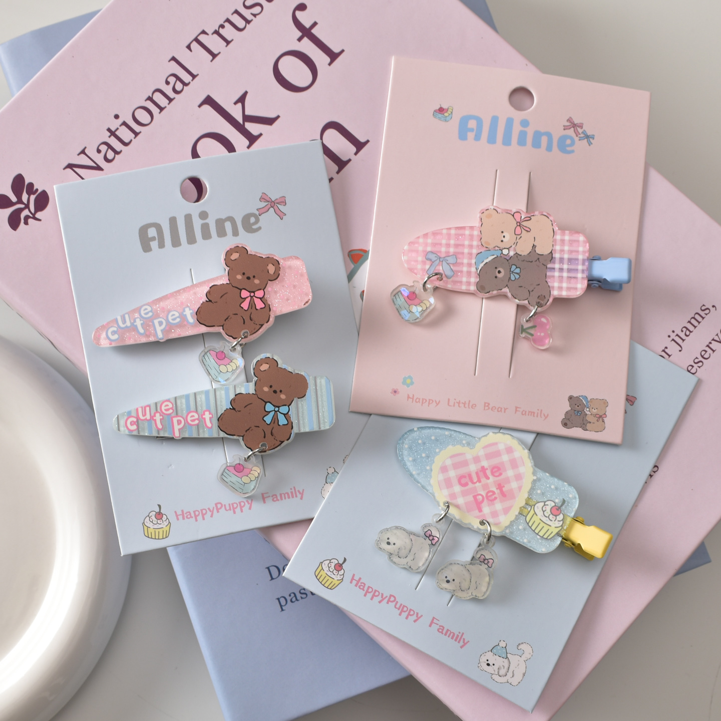 韩系可爱小熊格纹爱心刘海发夹