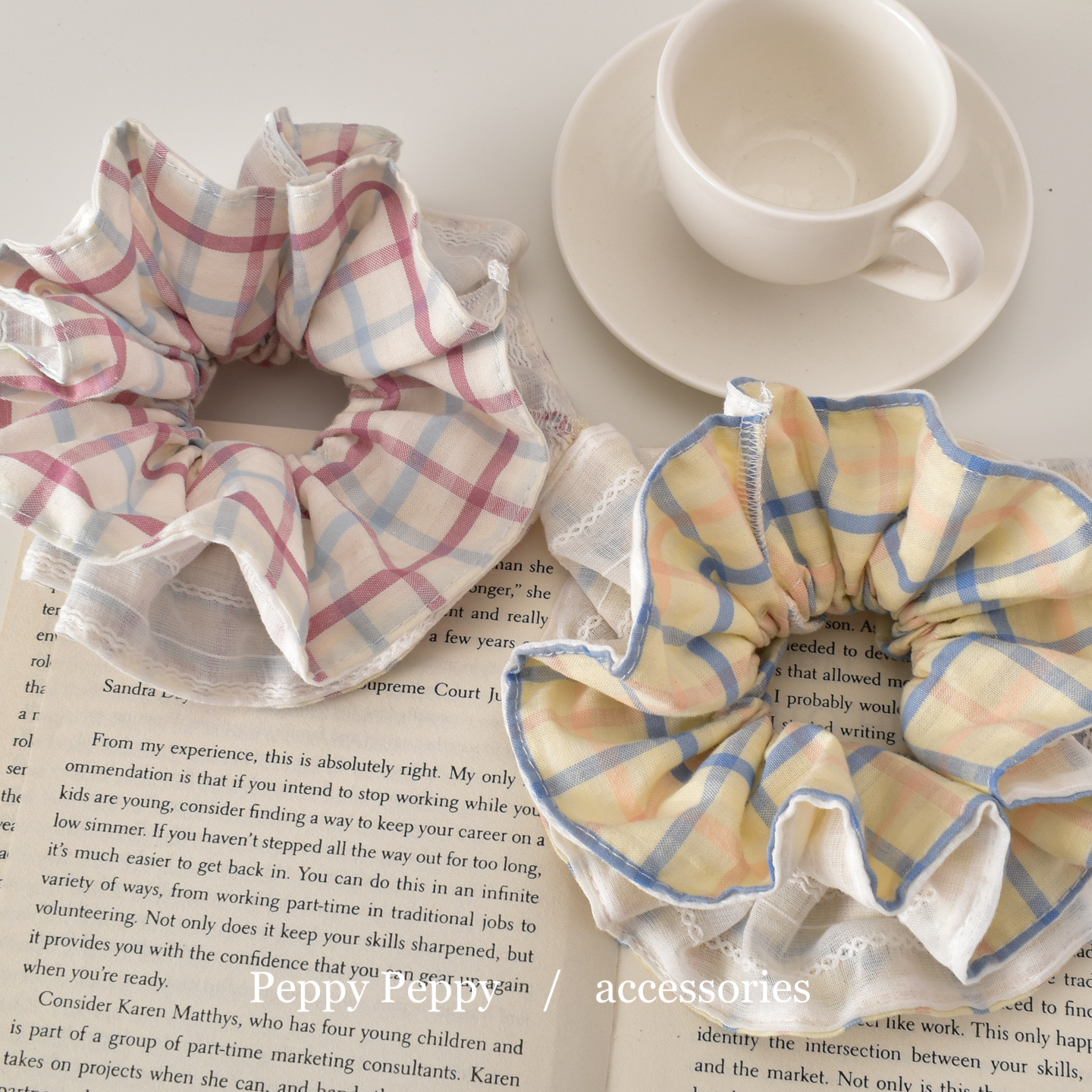 韩系小清新布艺甜美格纹双层发圈