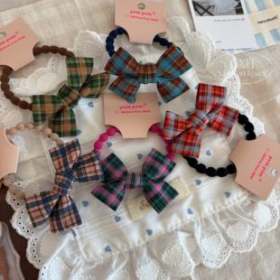 韩国进口POMPOM学院风布艺格纹蝴蝶结发圈高弹力藕节发绳女童发饰