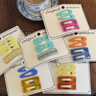 韩国进口original pompom水滴矩形布艺掰掰发夹纯色清透女童发饰