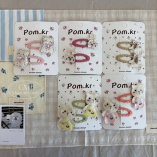 布艺pom.kr缠绕镂空BB夹珍珠闪钻小熊猫猫小兔发夹对边夹女童发饰