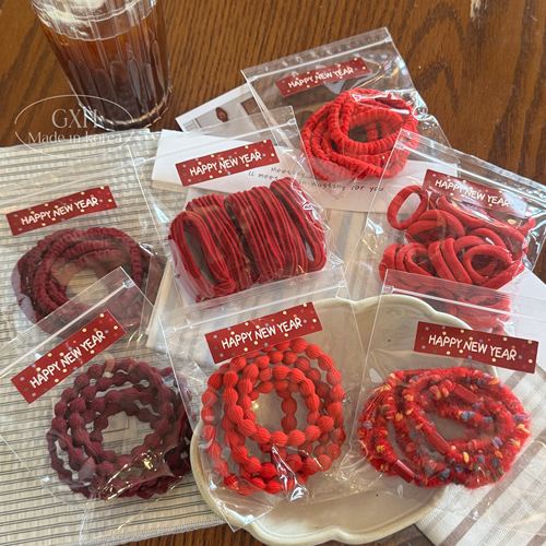 节日新年红色基础皮筋套装发饰女