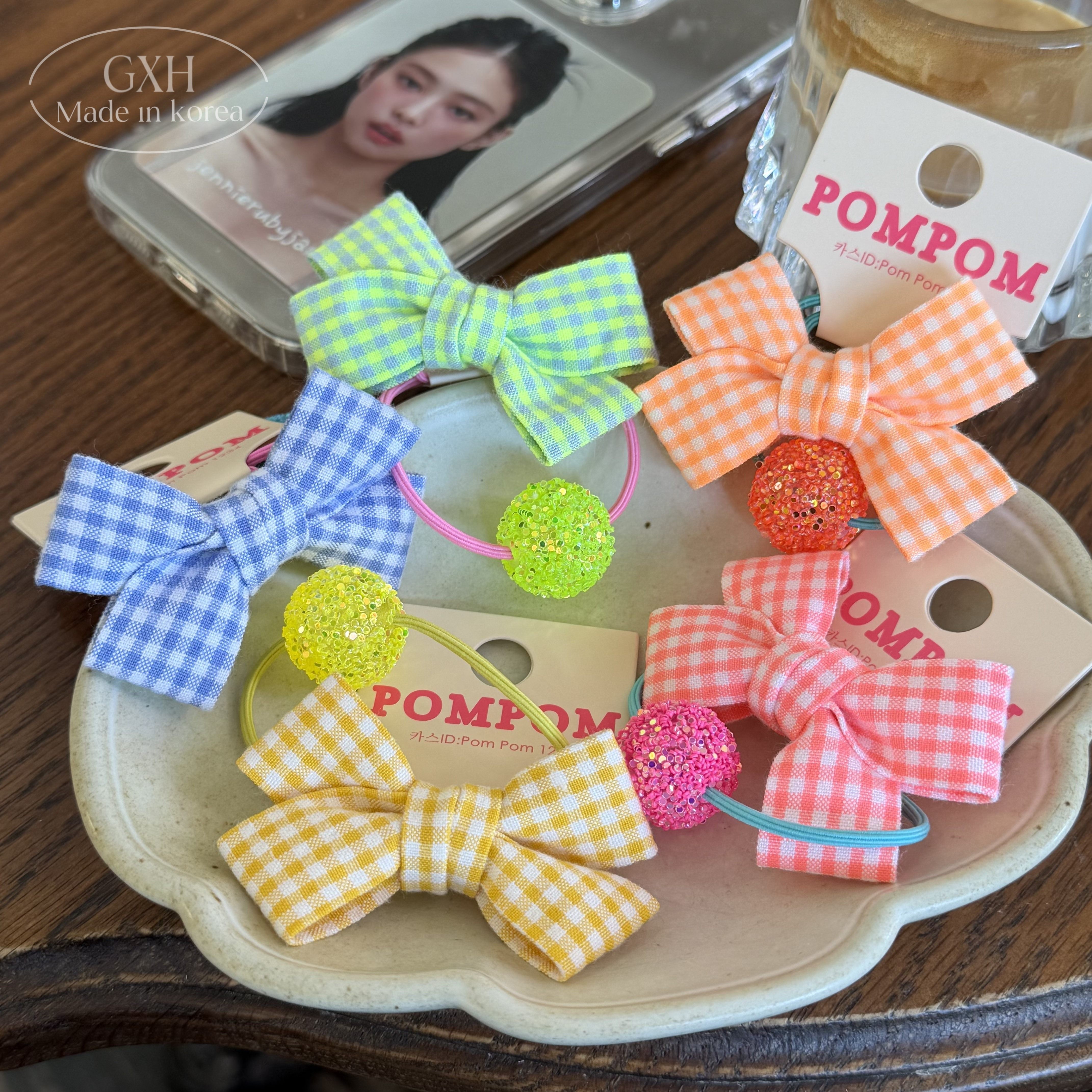 【现货】韩国进口POMPOM女童格纹蝴蝶结撞色糖球发绳精致甜美发饰