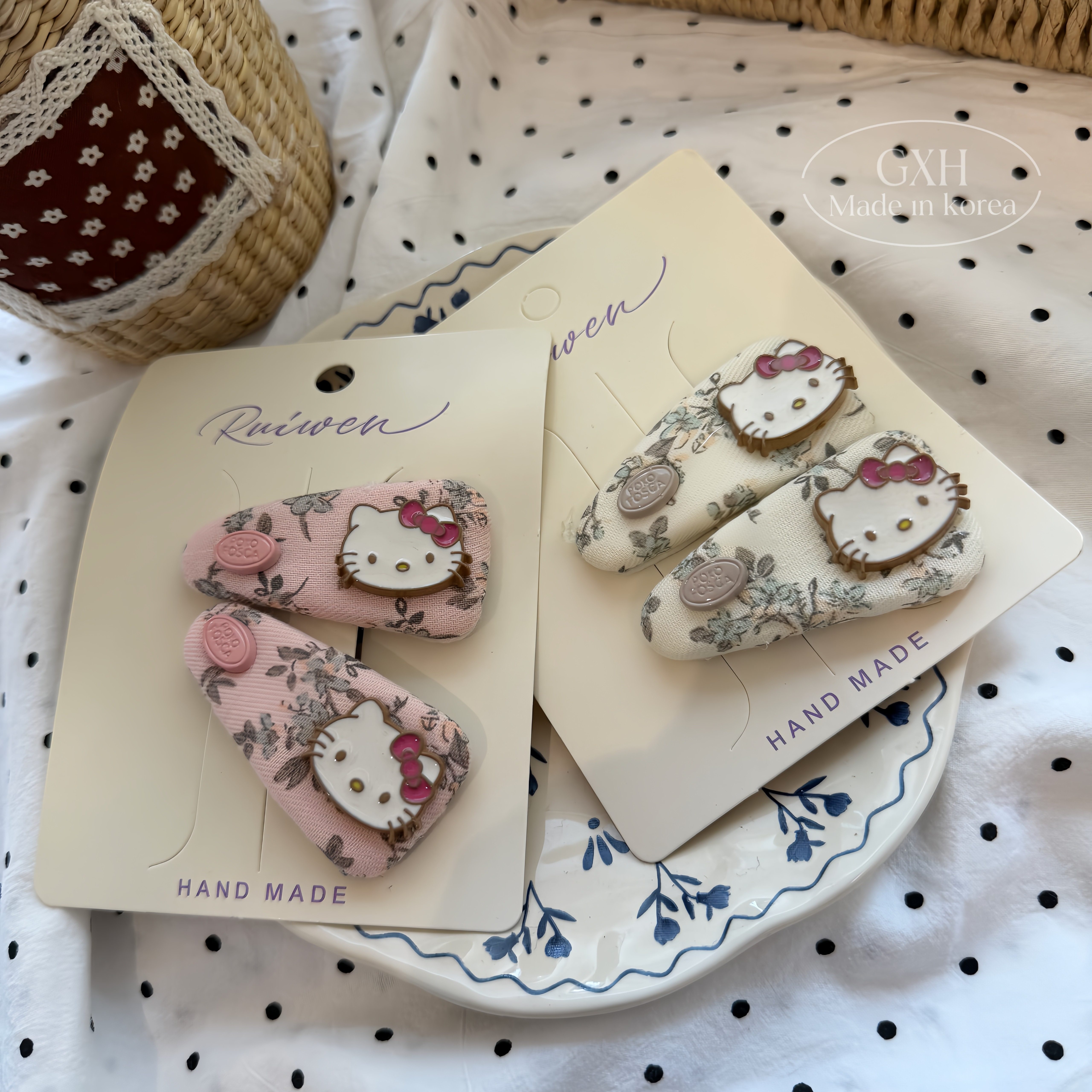包邮韩系布艺碎花kt猫发夹卡通侧边碎发刘海夹甜美少女心发饰发卡