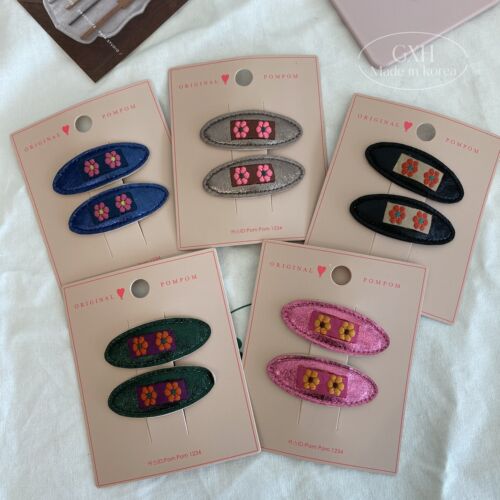 pom复古亮皮椭圆夹刺绣花发夹