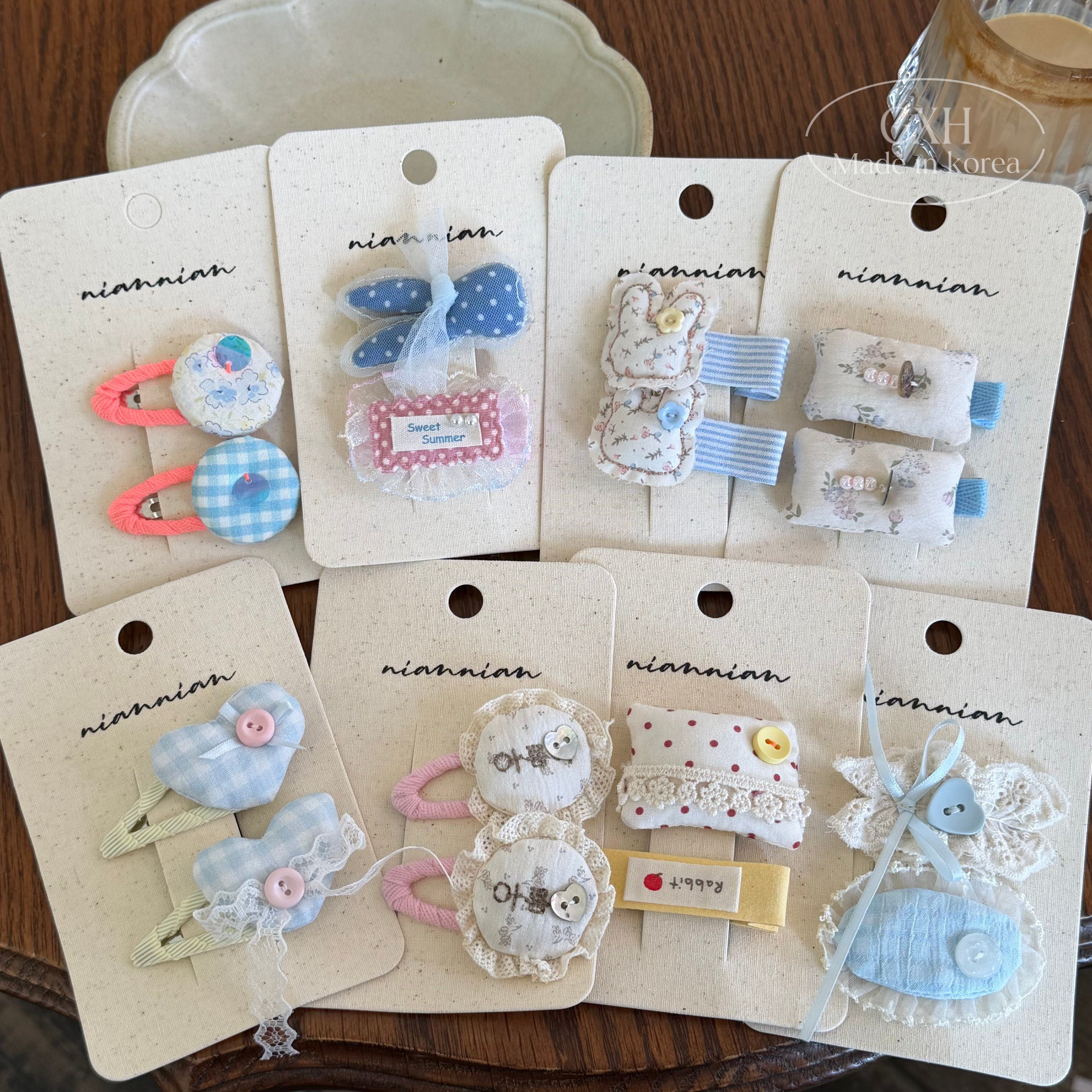 包邮新品niannian清新撞色布艺发夹格纹蕾丝波点刘海边夹女童发饰