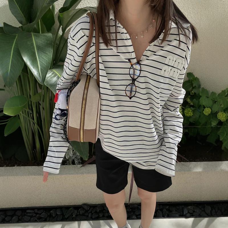南油高版本 2025秋装中长款条纹宽松POLO衫字母贴布刺绣长袖T恤女