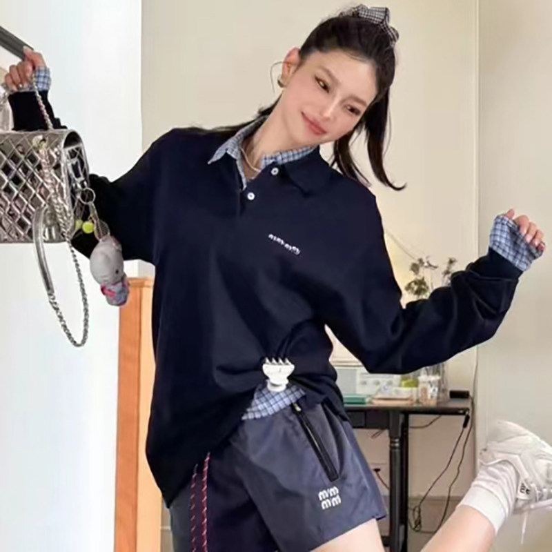 南油高版本 2025秋装中长款字母刺绣polo衫纯棉宽松上衣长袖T恤女