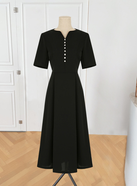 2025新款气质优雅黑色中长款连衣裙百搭显瘦时尚女装潮流女士裙