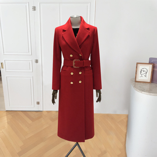 2024冬季女款毛呢外套加厚时尚腰带束腰高端气质双排扣西装领大衣