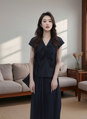 纹肌理感衬衫套装裙女2026夏新款V领上衣花苞黑色半身裙两件套