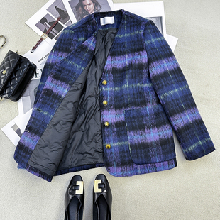 小香风羽绒服女2025冬季新款条纹单排扣宽松显瘦西装羊毛呢外套