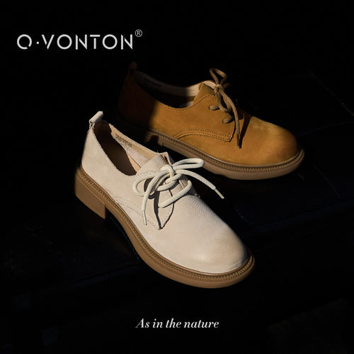 Q.VONTON 英伦主义 真皮复古小皮鞋女春夏简约舒适百搭中跟单鞋