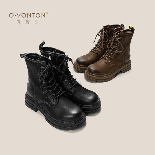 青婉田真皮厚底马丁靴女秋冬2024新款增高机车靴子女复古百搭短靴