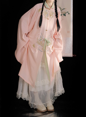 晴雅记原创汉服【池上芙蕖】明制直袖翻领刺绣长衫蕾丝半身裙春夏