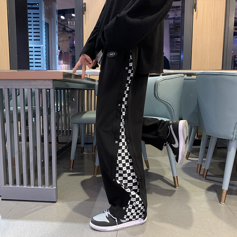 休闲排扣裤子男潮牌宽松直筒裤运动高街格子长裤K0411-P40,男装休闲裤,星座308B-1