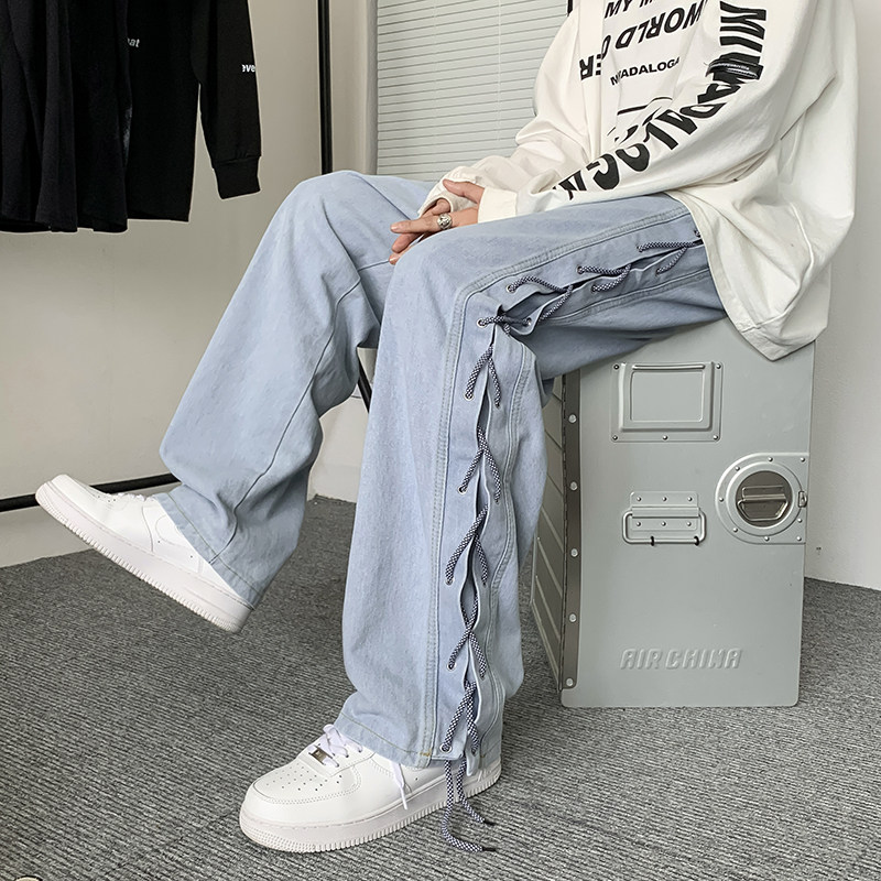 美式炸街牛仔裤秋新款阔腿烟管长裤设计感绑带嘻哈潮N088-P55,男装牛仔裤,星座308B-1
