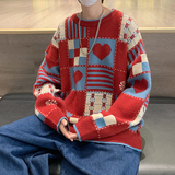 日系复古格子爱心圆领毛衣男宽松学生情侣慵懒风针织衫MY053-P48，男装针织衫/毛衣，星座308B-1