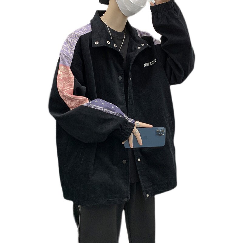 灯芯绒刺绣腰果花拼接立领外套韩版宽松bf风棒球服学生JK0108-P60,男装夹克,星座308B-1