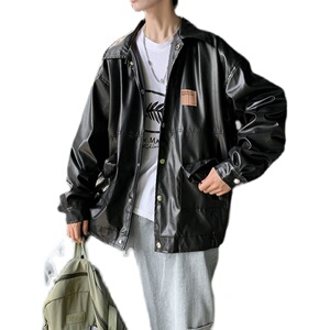 皮衣男飞行服帅气印花夹克2023新款复古春秋pu皮外套JK03112-P70图片