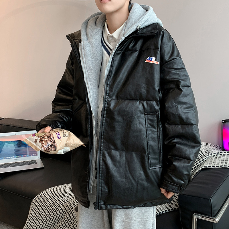 假两件棉衣男冬季宽松PU皮百搭连帽棉服港风棉袄外套MY035-P95,男装棉衣,星座308B-1