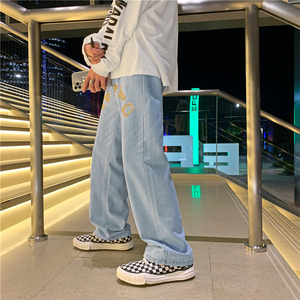 美式街头牛仔裤男春秋宽松直筒长裤hiphop潮牌高街裤子N01824-P45图片