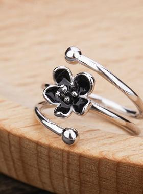 原创镀s925银滴油黑色花朵开口可