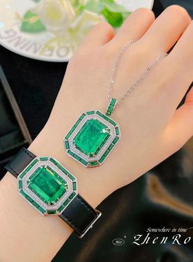 新款奢华精工带棉祖母绿吊坠项链