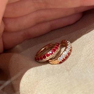 双排钻红刚玉耳扣时尚轻奢简约彩宝高碳钻耳钉黄金色鸽血红耳环女